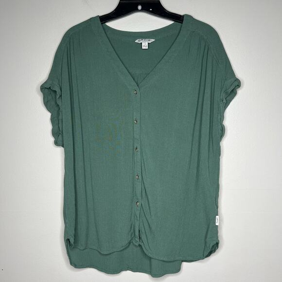 Orivs Womens Sage Green Button Front Short Cap Sleeve Blouse Sz L V-Neck Flowy - Picture 1 of 9